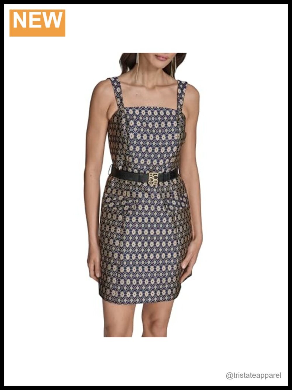 Sleeveless Square Neck Belted Structured A-Line Mini Dress